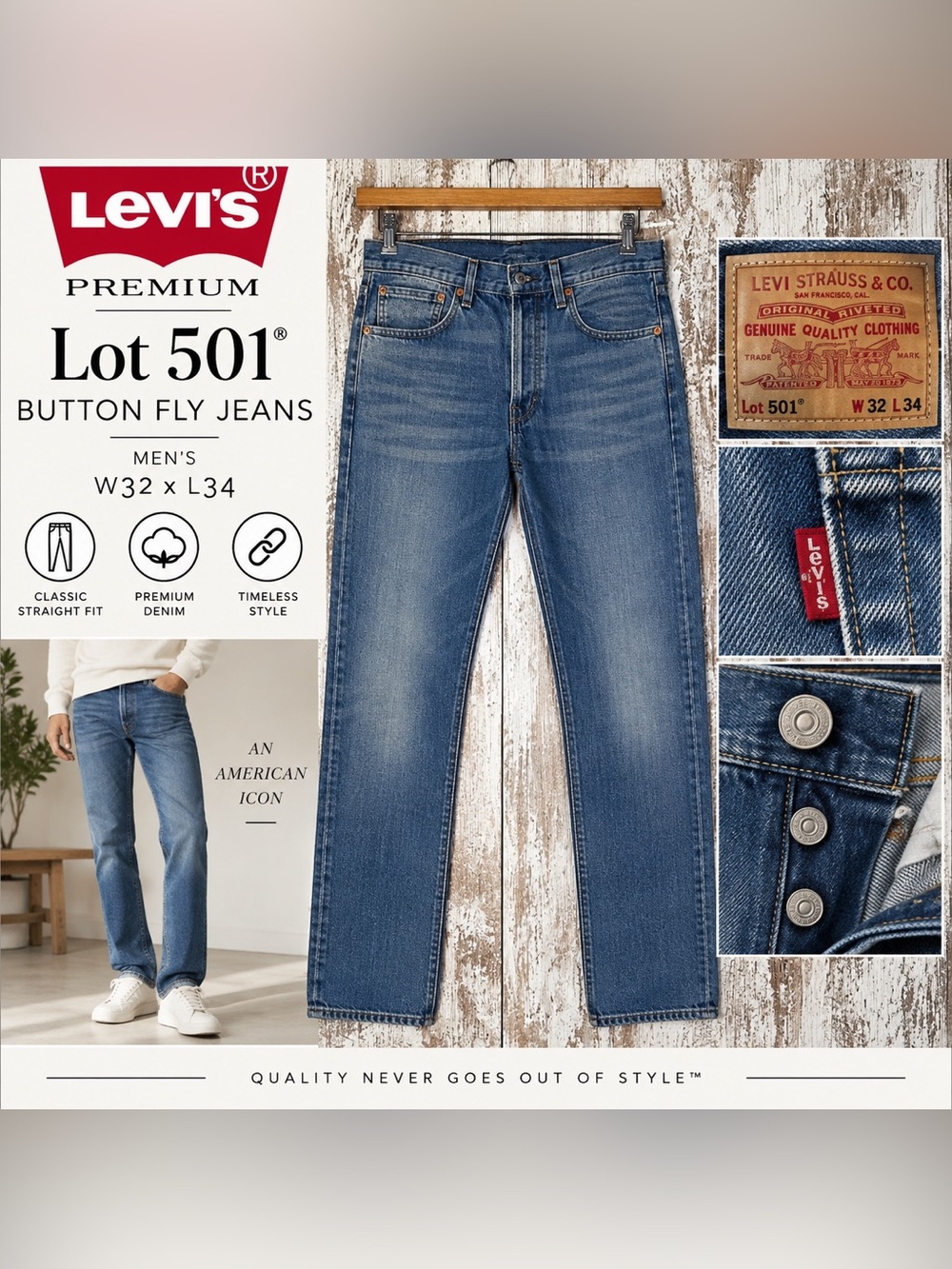 Levi’s Premium 501 Original Jeans Men’s W32 L34 Medium Wash Button Fly Straight